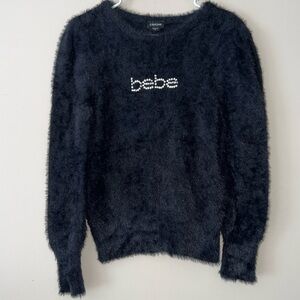 Bebe Black jeweled logo plush fuzzy long sleeve sweater Pull Over Womens Medium